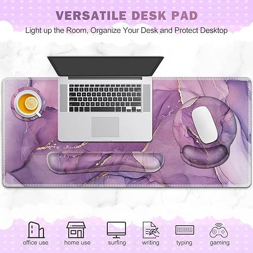 ToLuLu Desk Mat, XXL Large Mouse Pad Wrist Support Set，4 in1 Gaming Mousepad Desk Pad+ Ergonomic Mouse Pad with Wrist Rest + Keyboard Wrist Rest+Coaster for Women Home Office Computer, Purple Marble - color: Purple Marble