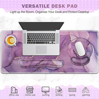 ToLuLu Desk Mat, XXL Large Mouse Pad Wrist Support Set，4 in1 Gaming Mousepad Desk Pad+ Ergonomic Mouse Pad with Wrist Rest + Keyboard Wrist Rest+Coaster for Women Home Office Computer, Purple Marble - color: Purple Marble