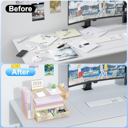 gianotter Desk Organizers and Accessories with File Holder, 4-Tier Desk Accessories & Workspace Organizers with Drawer and 2 Pen Holder, Paper Organizer for Office Supplies(Gold) - color: Gold