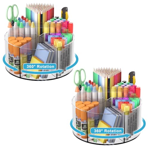 Acrylic Desk Organizer Clear Pen Holder 2 Packs, 360 Degree Pencil Holder for Desk Kids, Rotating Lazy Susan Organizer for School Supplies, Marker Holder Art Supply Storage Organizer with Dividers - size: Large x2