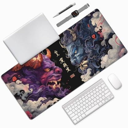 Extended Gaming Mouse Pad, XXL Non-Slip Rubber Base,Waterproof with Stitched Edges, Japanese Demon Design, Ultra-Smooth Cloth Surface, 35.4 x 15.7 Inches - color: Demon