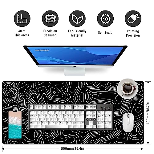 Large Gmaing Mouse Pad with Stitched Edges, Superior Micro-Weave Cloth, Non-Slip Base, Size 35.4 X 15.7X 0.12inches - Black Topographic Contour - color: Silver