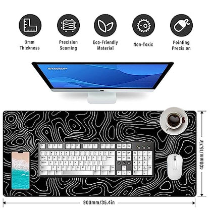 Large Gmaing Mouse Pad with Stitched Edges, Superior Micro-Weave Cloth, Non-Slip Base, Size 35.4 X 15.7X 0.12inches - Black Topographic Contour - color: Silver