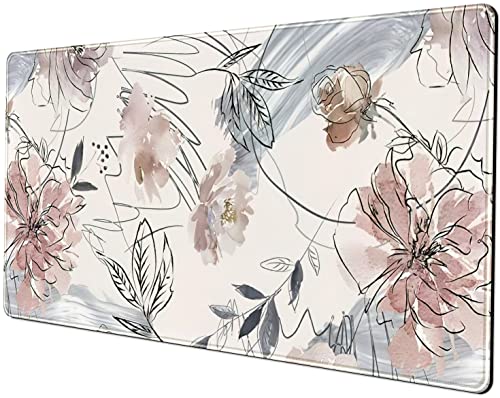 Desk Mat, Abstraction Hand Painted Flowers Extended Gaming Mouse Pad (31.5x15.75 in), Cute Large Non-Slip Rubber Base Mousepad with Stitched Edges, Keyboard Mouse Mat Desk Pad for Game Office - color: Vintage-farben Flowers