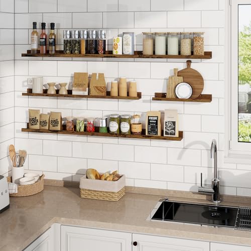 RICHFOCUS Picture Ledge Shelf, 72 inch Floating Shelves Set of 2, Wood Wall Shelves with Lip, Wall Decor Storage for Bedroom Living Room Bathroom Kitchen Nursery Photo Picture, Rustic Brown - color: Rustic Brown, size: 72 Inch, set of 2
