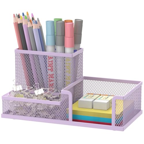 SUPEASY Mesh Pen Holder Desk Organizer, Office Supplies Pencil Storage with 3 Compartments, Office Desk Accessories and Workspace Organizers for Home School Classroom, Purple - color: Purple