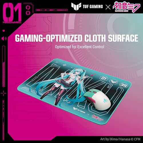 ASUS TUF Gaming P1 Hatsune Miku Edition Portable Gaming Mouse Pad – 10” x 8” (Medium Size), Aqua, Protective Coating, Water-Resistant Surface, Durable Anti-Fray Stitching, Non-Slip Rubber Base