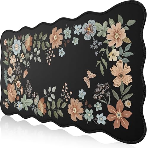 HAOCOO Desk Mat for Keyboard and Mouse, Large Scalloped Desktop Mat, Floral Mouse Pad for Desk, Washable Computer Desk Mat with Edge Stitching, Non-Slip Large Mouse Pad for Office, Home(Black) - color: Black Wave