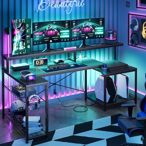 Bestier LED Gaming Desk with Power Outlets, 71 inch L Shaped Computer Desk with Monitor Stand, Large Desk with Printer Stand Adjustable Shelf, Cup Holder & Hooks, Home Office Desk Black | Carbon Fiber Desktop, 20 Static 22 Dynamic RGB Modes, Storage Rack,