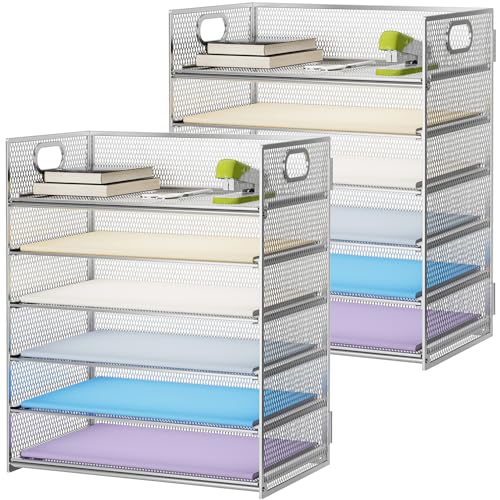 Marbrasse 2 Pack Desk Organizer with Handle, 6 Tier Paper Letter Tray, Mesh Desk File Organizer for Office, School and Home - Silver - color: 2 Pack - Silver