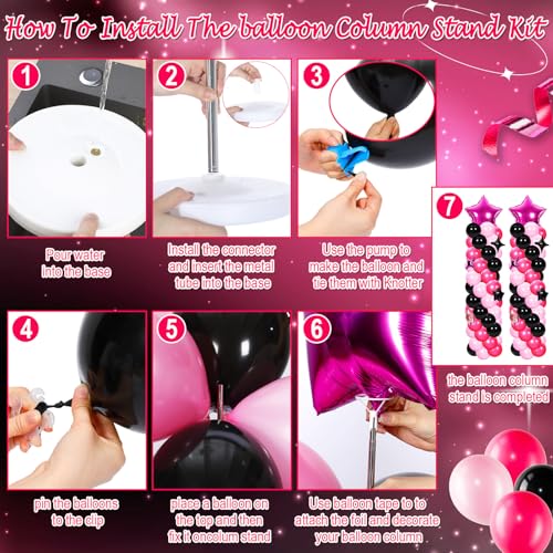 Gejoy 110 Pcs Pink Rose Red Black Balloons Column Stand Kit Adjustable Tower Stand from 1.4 to 6.6 ft with Bases for Back to School Wedding Birthday Baby Shower Party - color: Pink Rose Red Black