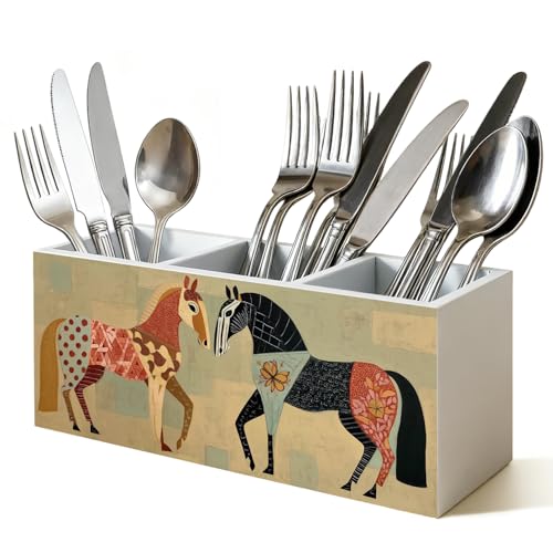 Boho Abstract Horse Pen Holder for Desk, Modern Western Equestrian Wooden Box Sign Desk Storage Organizer for Home Table Shelf Decoration, Gifts for Horse Lovers - color: Abstract Horse