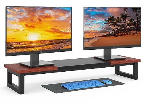 YAOHUOO Dual Monitor Stand Riser, 39Inch Large Monitor Stands for 2 Monitors, Computer Monitor Stand, Wooden Desktop Oraganizer Shelf for Office Desk Computer,Laptop,TV - color: Red Brown