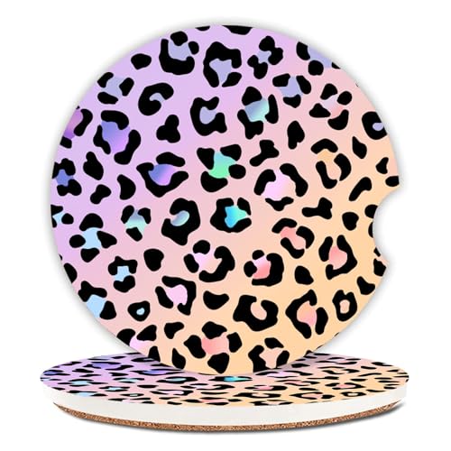 Cute Gradient Leopard Ceramic Cup Holders Car Coasters Set for Women/Men,Drink Cup Car Holder Coasters with A Finger Notch 2.56" Pack of 2 - color: Gradient Leopard