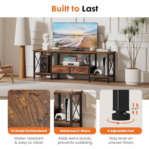 DUMOS 63" TV Stand with Power Outlets, Fabric Drawers & Open Shelves, Brown | Entertainment Center for TVs Up to 75", Media Console TV Table for Living Room & Bedroom - size: 63 Inch