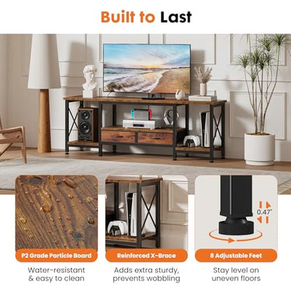 DUMOS 63" TV Stand with Power Outlets, Fabric Drawers & Open Shelves, Brown | Entertainment Center for TVs Up to 75", Media Console TV Table for Living Room & Bedroom - size: 63 Inch