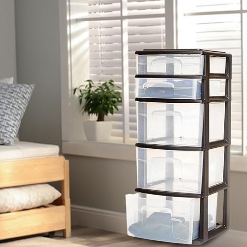 HOMZ Drawer Tower, 5-Tier Clear Plastic Storage Organizer Unit, Black Frame - Tall Multi-Purpose Drawers for Dresser, Bedroom, Bathroom, Cabinet, and Closet Organization - color: Black
