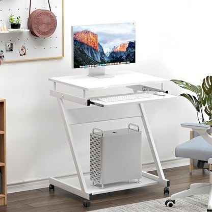 sogesfurniture Mobile Computer Desk Small Rolling Office Table Workstation with Printer Shelf and Keyboard Tray, Space-Saving Computer Desk with Storage Shelf for Home and Office (White) - color: White