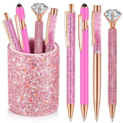 Sabary 8 Pcs Shiny Pink Pens with Pen Holder for Desk Glitter Crystal Diamond Cute Ballpoint Fancy Pencil Holder Bling Desk Organizer for Women Girls School Office Supplies Wedding Graduation Gifts - color: Shiny Pink