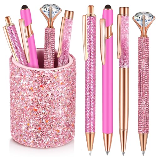 Sabary 8 Pcs Shiny Pink Pens with Pen Holder for Desk Glitter Crystal Diamond Cute Ballpoint Fancy Pencil Holder Bling Desk Organizer for Women Girls School Office Supplies Wedding Graduation Gifts - color: Shiny Pink