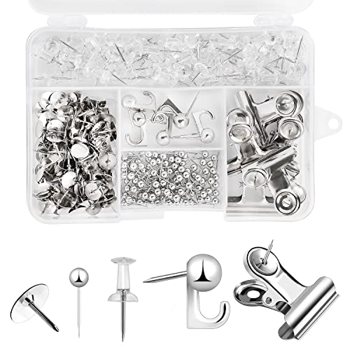 310 Pcs Silver Push Pins Set, Thumb Tacks Decorative Push Pins for Cork Board with Push Pin Hook Pushpin Clip 5 Style Office Accessories for Cork Board Map Office (Silver) - color: Silver