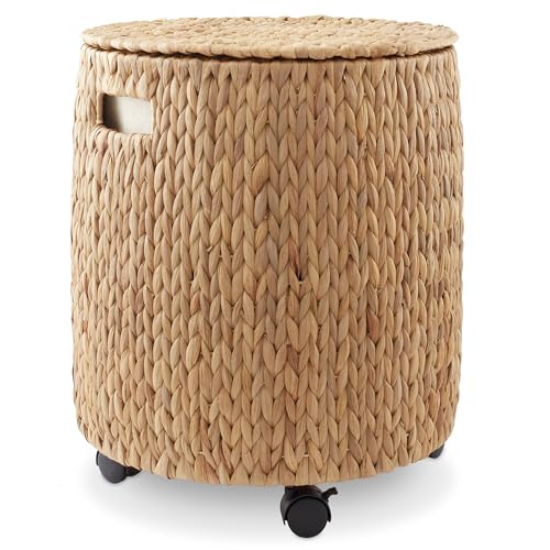 Casafield Round Rolling Storage Basket with Lid - Natural, Handwoven Water Hyacinth Rolling Hamper Storage Bin on Wheels for Living Room, Bedroom, Bathroom, Laundry