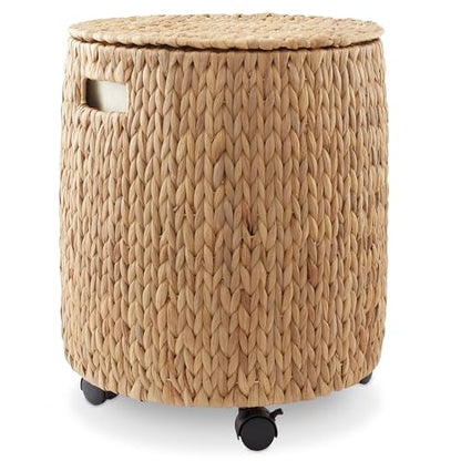Casafield Round Rolling Storage Basket with Lid - Natural, Handwoven Water Hyacinth Rolling Hamper Storage Bin on Wheels for Living Room, Bedroom, Bathroom, Laundry