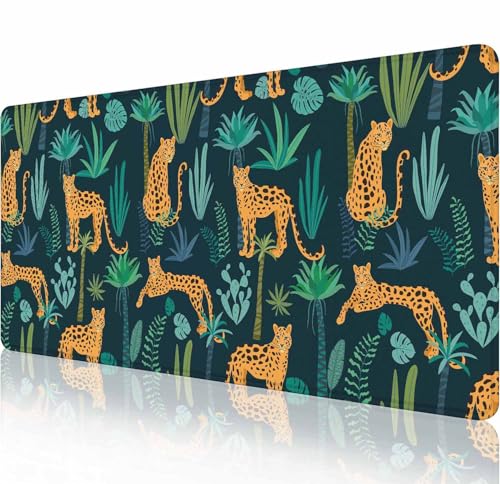 Gaming Mouse Pad XXL XL Large Mouse Pad Mat Long Extended Mousepad Desk Pad Non-Slip Rubber Mouse Pads Stitched Edges Thin Pad (31.5x11.8x0.12 Inch)-Leopard Pattern with Tropical Leaves - color: Leopard Pattern With Tropical Leaves, size: 31.5L x 11.8W in