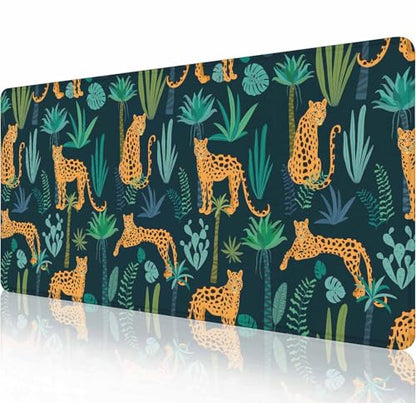Gaming Mouse Pad XXL XL Large Mouse Pad Mat Long Extended Mousepad Desk Pad Non-Slip Rubber Mouse Pads Stitched Edges Thin Pad (31.5x11.8x0.12 Inch)-Leopard Pattern with Tropical Leaves - color: Leopard Pattern With Tropical Leaves, size: 31.5L x 11.8W in
