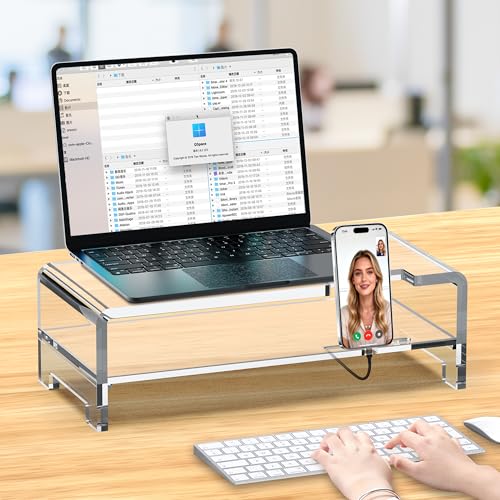 Acrylic Monitor Stand Riser Clear Laptop Stand 2-Tier L16 xW7.5 xH4.7 | Computer Monitor Stand Laptop Riser with Storage, Compatible with All Notebooks and Monitors, Desk Organizer for Home Office - size: 16''-2Tier