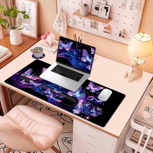 Large Mouse Pad + Keyboard Wrist Rest Set, Extended Gaming Mousepad (31.5X11.8 inch) with Non-Slip Rubber, Ergonomics Memory Foam Mouse Wrist Rest Support, Fantastic Butterfly Black XXL Desk Pad - color: Yu-Mouse Pad-3-B36