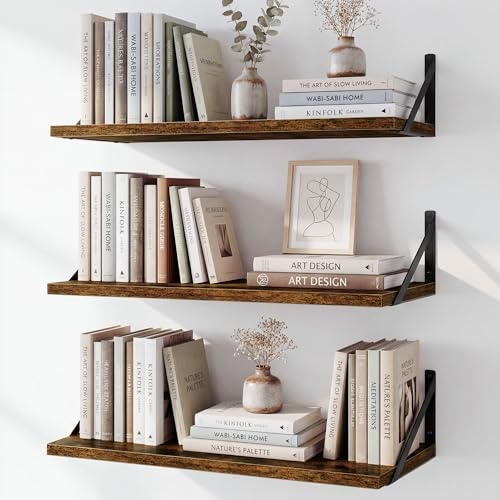 Fun Memories Floating Bookshelves, Set of 3 Wall-Mounted Wood Shelves 24" W x 8" D, Decorative Wall Shelf for Living Room, Bedroom, Bathroom, and Laundry Room (Rustic Brown) - color: Rustic Brown, size: 24"W x 8"D