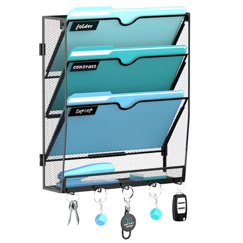 Wall File Organizer - Hanging File Organizer with 5 Hooks, Mail Holder Wall Mounted for Papers, Folders, Magazines, Bills, 4 Tier Office&School Organization, Black - color: Black, size: 4 Tier