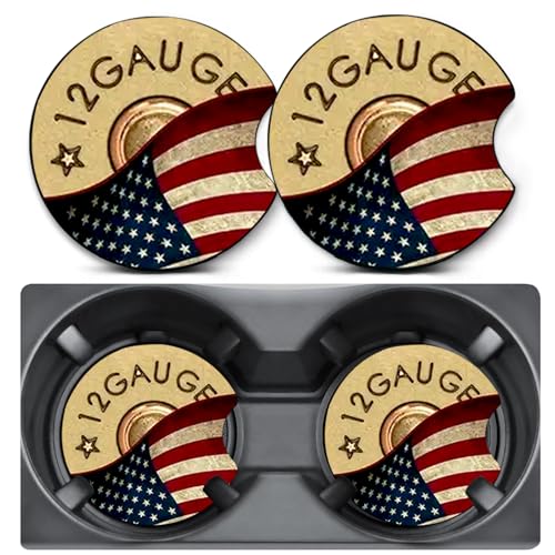 2 Pack Bullet Flag Car Coasters for Cup Holders,Neoprene Anti Slip Mat | 2.75" Universal Size,Auto Rubber Drink Coasters Decor Car Accessories Interior Bullet Flag Gifts for Women Men - color: 12GAUGE