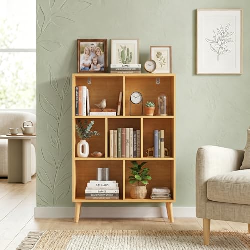 7 Cube Bookshelf, 3 Tier Mid-Century Modern Bookcase with Wooden Legs, Heavy Duty Cubby Storage Organizer Display Shelf for Living Room, Bedroom & Office, Deep Natural - color: Deep Natural, size: 7-Cube