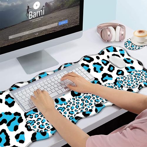 Bxgolkgd Desk Mat Set,Mouse Pad with Keyboard Wrist Rest & Mouse Wrist Rest,Wave-Shaped Design,Non-Slip Rubber Base,Ergonomic Desk Mat for Home,Office,Gaming,Blue Leopard Print - color: Blue Leopard Print