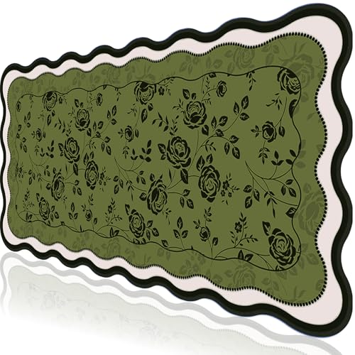 L-SPOUTTO Green Floral Mouse Pad,Aesthetic Desk Mat XXL Large Scalloped Gaming Mousepad,35.4x15.7in Non-Slip Keyboard Pad Waterproof Desktop Mat for Laptop Computer Work Game Office-Vintage Roses - color: Black Roses