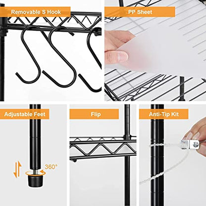 5-Tier Wire Shelving, 11.8x15.7x63in, Black - Heavy Duty Shelf - Kitchen Storage Shelves - size: 5-Black Shelf