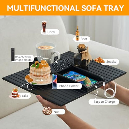 GEHE Bamboo Couch Cup Holder, Anti-Spill Sofa Arm Tray, Natural and Easy to Clean Couch Arm Cup Holder Armrest Tray Perfect for Cups, Beers, Snacks, Remote Control, Drinks - color: Black