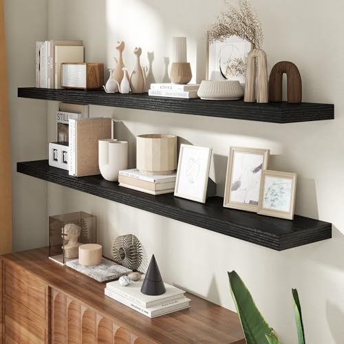 72 Inch Floating Shelves for Wall, 8 Inch Deep Floating Shelf for Storage & Display, Rustic Wall Mounted Shelf with Invisible Brackets for Living Room, Kitchen, Bathroom, Home Decor, Set of 2, Black - color: Black, size: 72 Inch, Set of 2