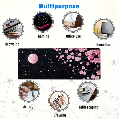 Cherry Blossom Mouse Pad Pink Moon Petal Night Sky Sakura Art Mousepad XL Large Gaming Mouse Pad Laptop Keyboard Mat Desk Pad Professional Desk Pad for Office Equipment 31.5x11.8 Inch - color: Cherry Blossom