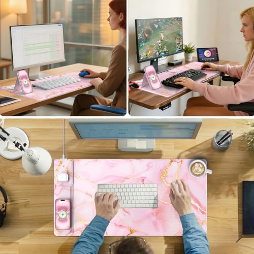 Wireless Charging Mouse Pad with Foldable Phone Holder, 31.5"x15.8" Large Desk Mat for Laptop/Keyboard, Waterproof Ultra-Smooth Surface, Non-Slip Base, Pink Marble - color: Pink Marble-31.5"x15.8"-Phone Holder
