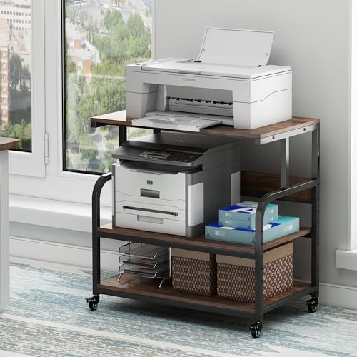 Fannova 32.3" Wide Extra Large Printer Stand, 3 Tier Printer Table with Adjustable Storage Shelf, Rolling Printer Cart with Industrial Wheels for Home Office, Rustic Brown - color: Rustic Brown, size: 32.3"W x 18.9"D x 32.1"H