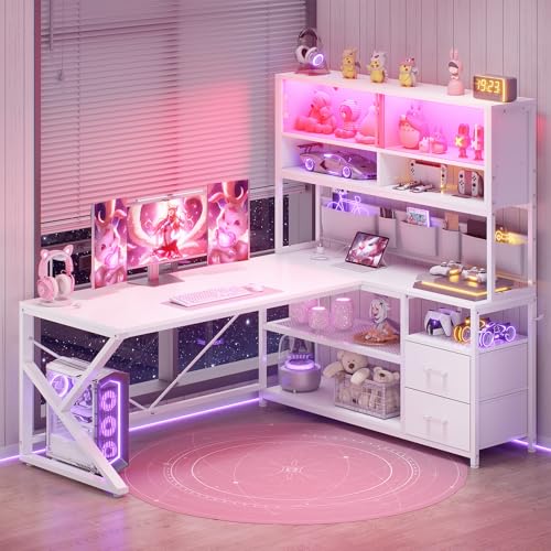 SEDETA L Shaped Gaming Desk, Home Office Computer Desk with 2 Drawer and Bookshelf, L Shaped Gaming Corner Desk with LED Light, Glass Cabinet,Storage Bag and Storage Shelves, White - color: White