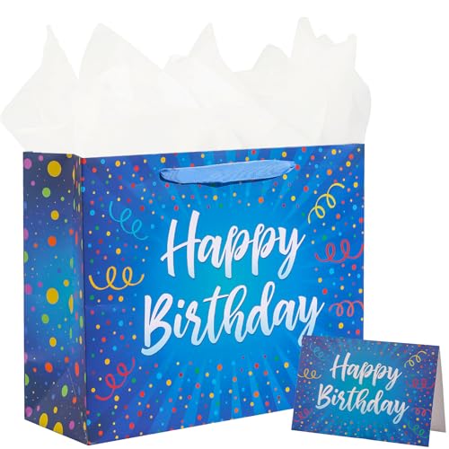 BULKYTREE 13" Large Happy Birthday Gift Bag with Card and Tissue Papers for Women Men Boys Girls Colorful Design with Handles