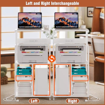 VEDECASA Mobile High Printer Stand with Power Outlet Charging Plugs USB Port Office Storage Shelf Includes Computer Tower CPU Stand Holder with Wheel (White) - color: White