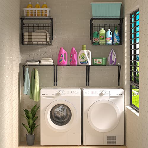 3IngSeagulls 2 Pack Laundry Room Shelves, Wire Baskets with 8 Hooks, Over Washer and Dryer Shelf, Wall Mounted Storage and Clothes Drying Rack, Black - color: Black