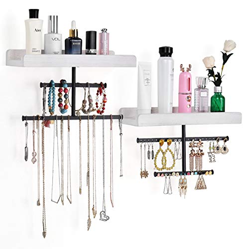 Keebofly Hanging Wall Mounted Jewelry Organizer with Rustic Wood Jewelry Holder Display for Necklaces Bracelet Earrings Ring Set of 2 White,[Patented] - color: White