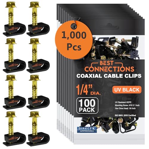BEST CONNECTIONS Coaxial Cable Clips with Pre-Inserted Screw (1,000 Pack) – Black Single Cable Mounting Clamps for Coax Cable (RG6, RG59) and Ethernet Cable – Cord Fastener/Strain Relief Clip - style: 1,000 PACK