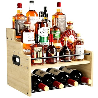 4-Tier Wood Display Shelf Wine Rack for 16 Bottles Wood Coffee Syrup Organizer with Handles Home Whiskey Shelf Retro Mini Liquor Cabinet Spice Rack Coffee Bar Shelves, Oak - color: Oak